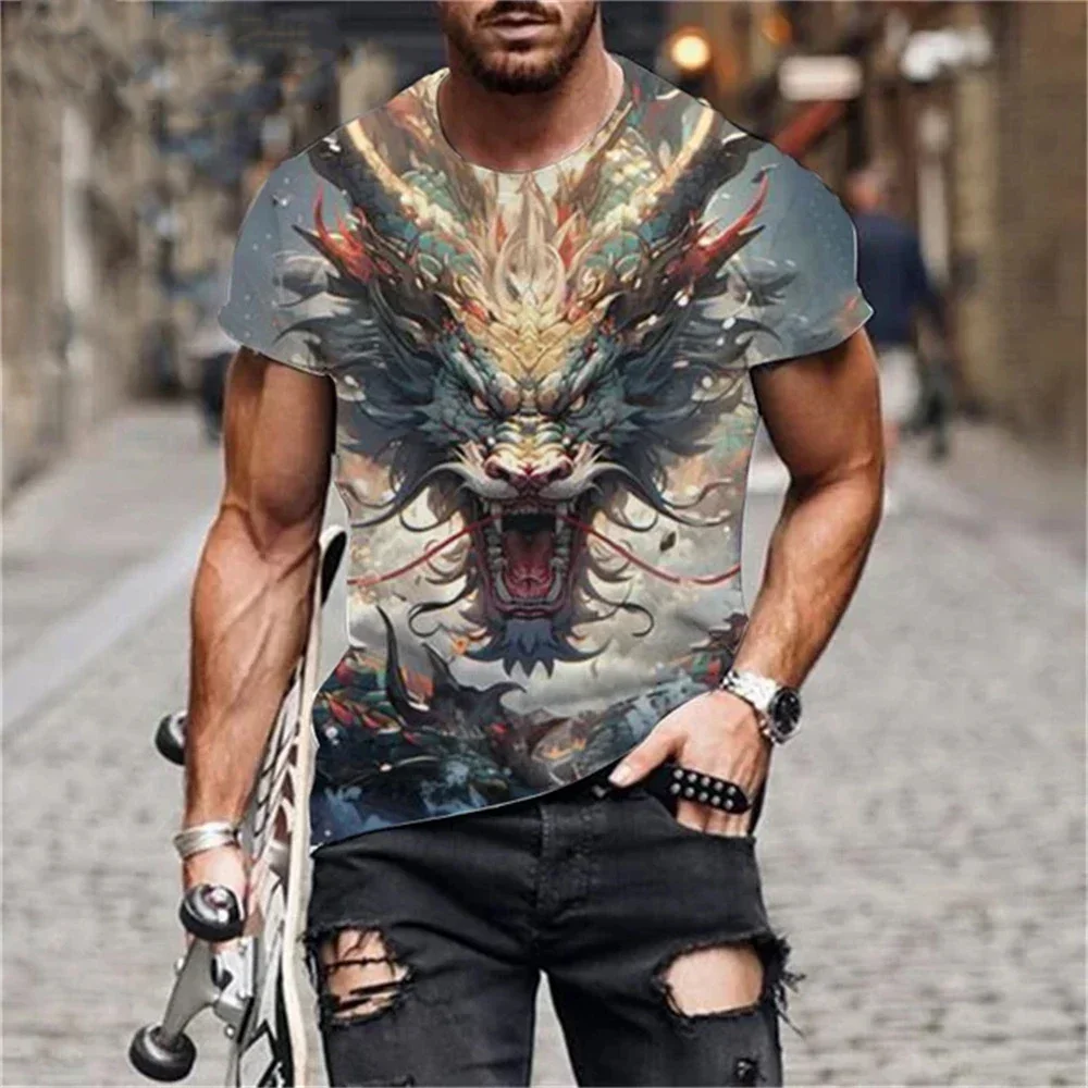 Men's Clothing 3D Dragon Printed Casual Short Sleeve Tee Summer Casual O-Neck Printed Dragon Design Oversized T-Shirt for Men