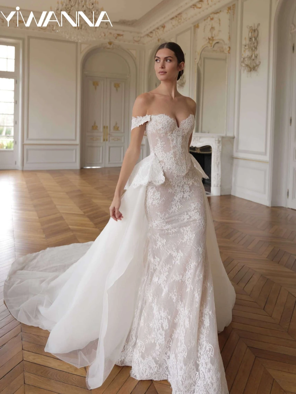 

Detachable Train Glitter Lace Long Wedding Dress Dreamy Off Shoulder With Corset Bridal Gown Customized Dresses For Bride