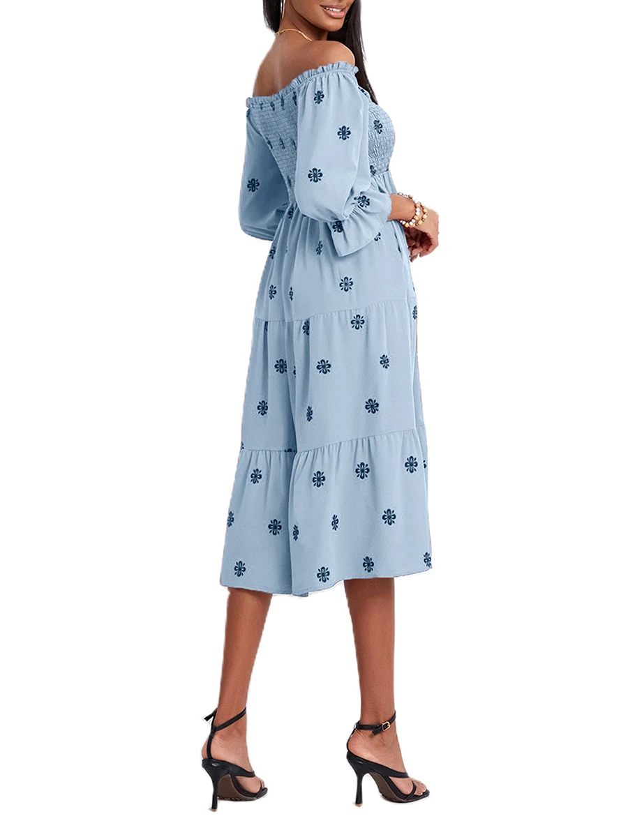 Dames Zomer Off-Shoulder Jurk Met Bloemenprint Lange Mouw Met Ruches En Rugloze Midi-Jurk