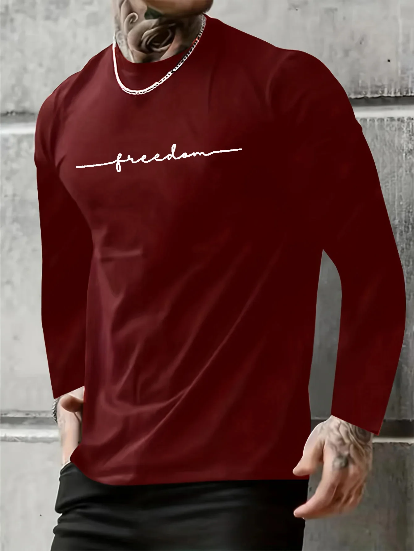 100% Pure Cotton Men's Long Sleeved Round Neck Loose Casual Freedom Letter Printed Spring and Autumn Versatile T-Shirt Top