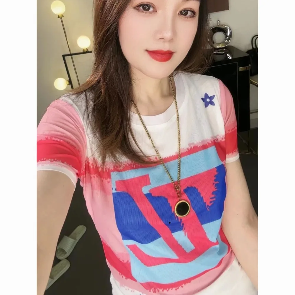 European Fashion Letters Graphic Shirts for Office Lady Soft Ice Silk Summer Blouse Slim Elastic T-shirt Casual Streetwear Women