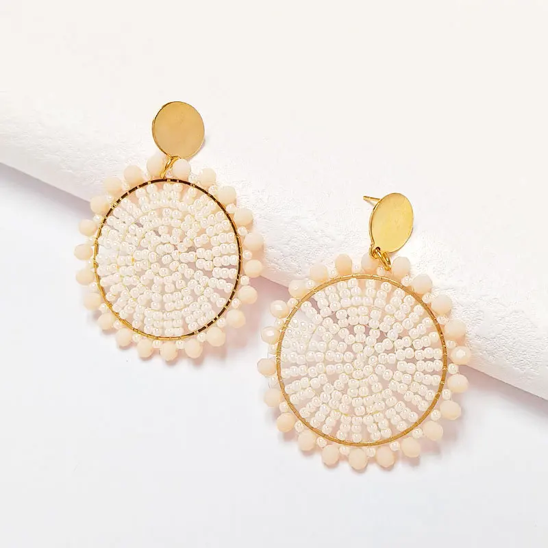 Rice bead earrings Crystal Roundness Originality Off-white Bohemia Hand knitting Alloy Fashion Simple Beaded earrings