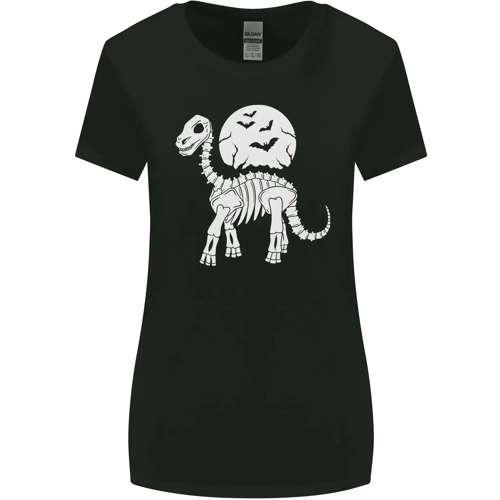 Ein Dinosaurier-Skelett mit Vollmond Halloween Damen T-Shirt, weit geschnitten, Vintage-Waschung, vielseitige Grafik