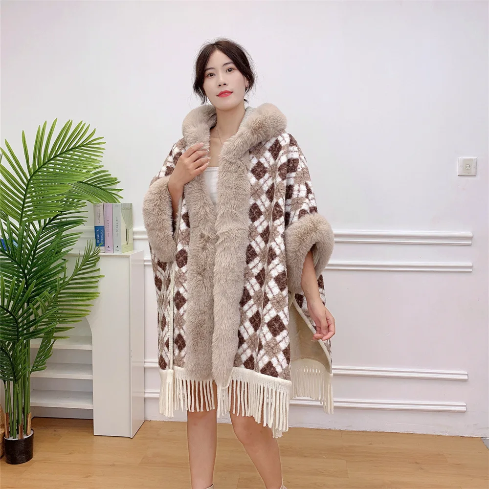 Japanese Korean Winter Women Faux Lamb Fur Plaid Loose Poncho Cape Thick Warm Granular Velvet Oversize Cloak Streetwear With Hat