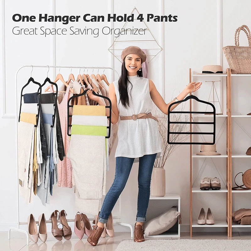 5/10 Pcs Non-Slip Flocked Clothes Hanger One Hanger Can Hold 4 Pants Great Space Saving Organizer 4-in-1Design With Rotable Hook