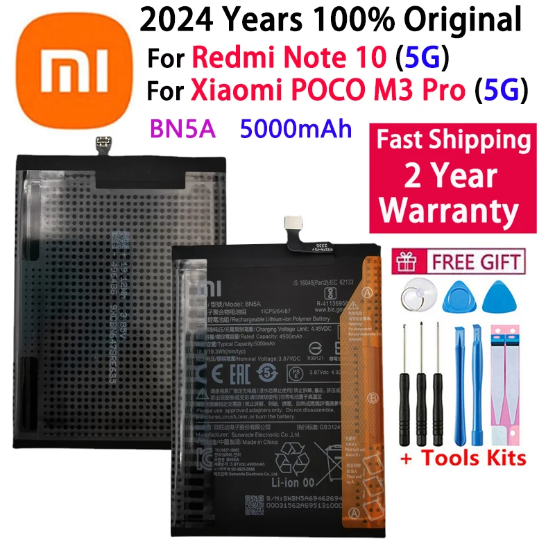 2024 Years 5000mAh Xiao Mi 100% Original BN5A Battery For Xiaomi Redmi Note 10 5G POCO M3 Pro 5G Mobile Phone Battery Bateria