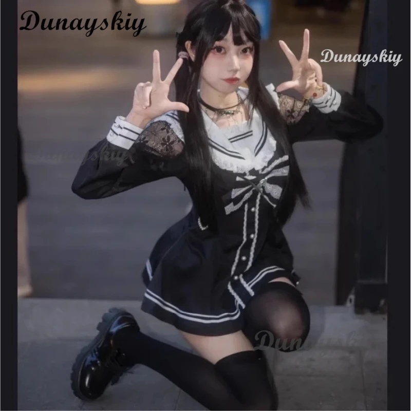 

Jirai Kei Sailor Black Dress Cosplay Lace Patchwork Slim Fit Dresses Japanese Sweet Inner Shorts Set JK School Uniform for Women