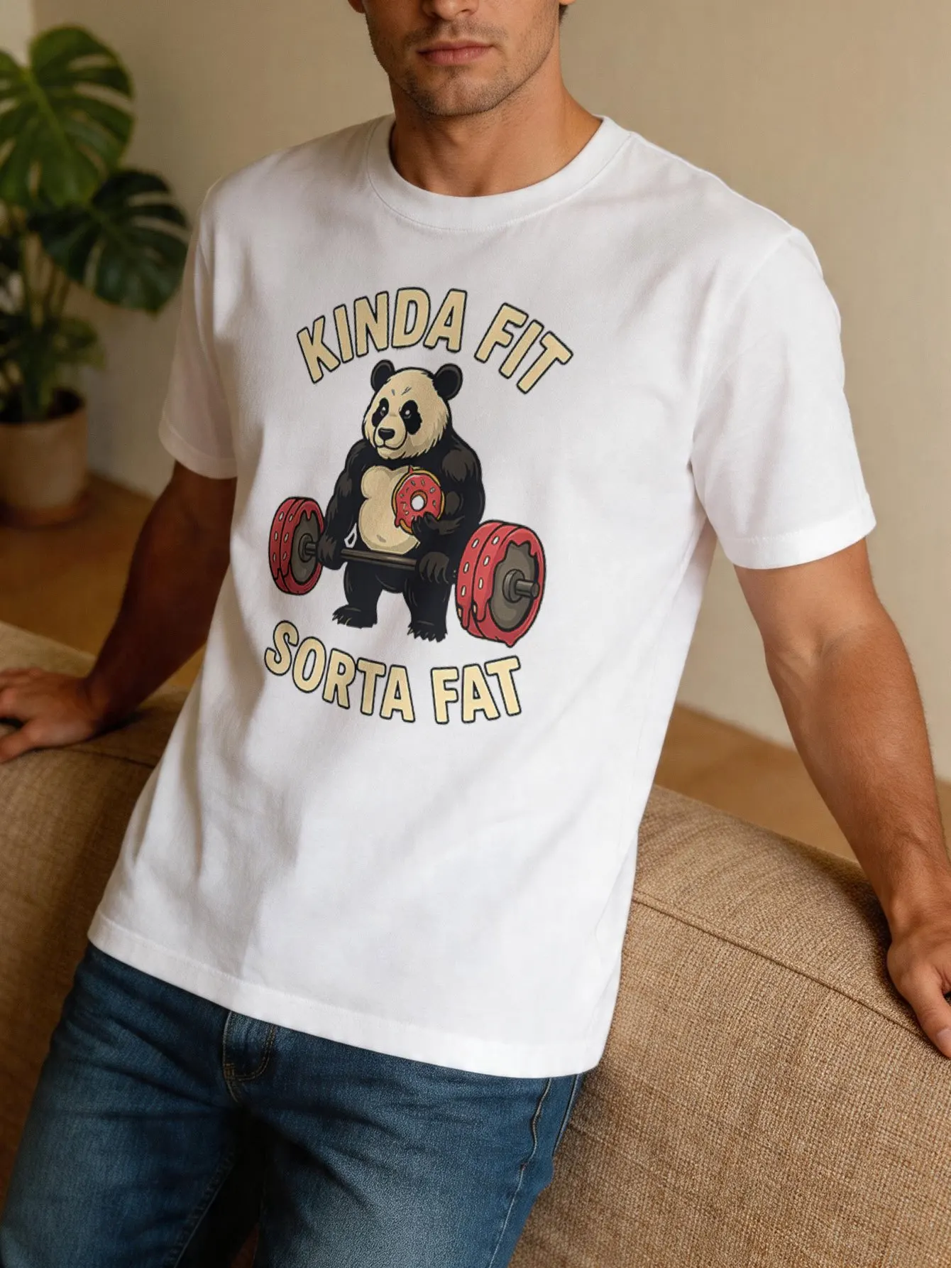 Mens Funny Gym Panda Weightlifting Tee Kinda Fit Sorta Fat Donut Barbell Vintage Graphic Casual Cotton Short Sleeve Male T Shirt