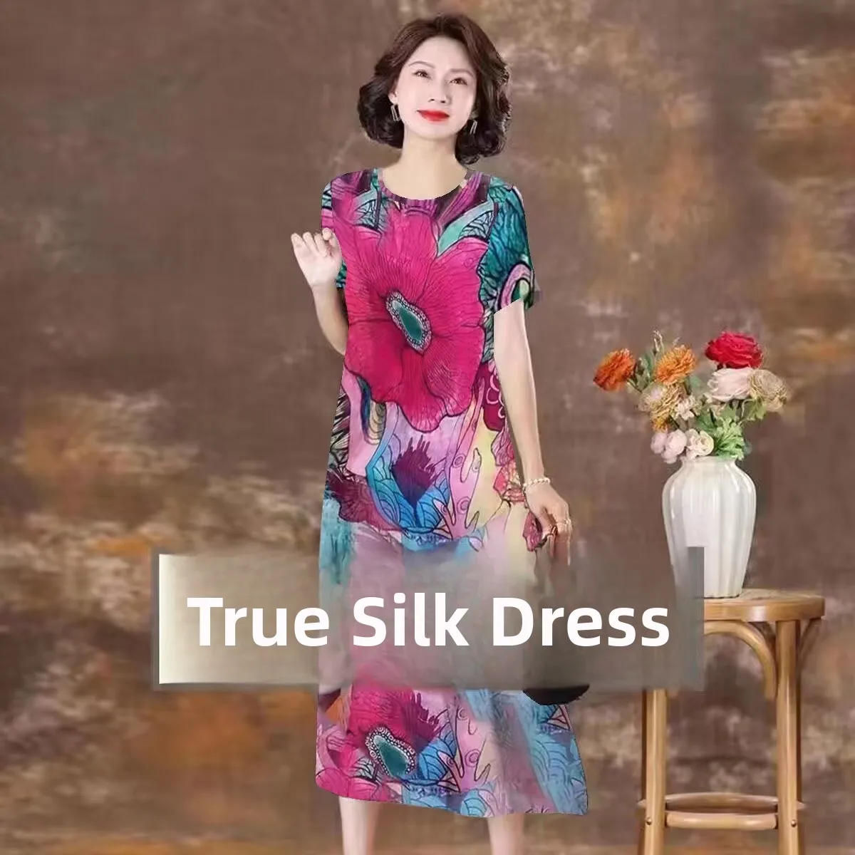 Seta angyun Pesante Estate Dr Donna Sciolto Taglia grande Mamma di mezza età Seta Dr Stampa floreale A-Line Midi Dr