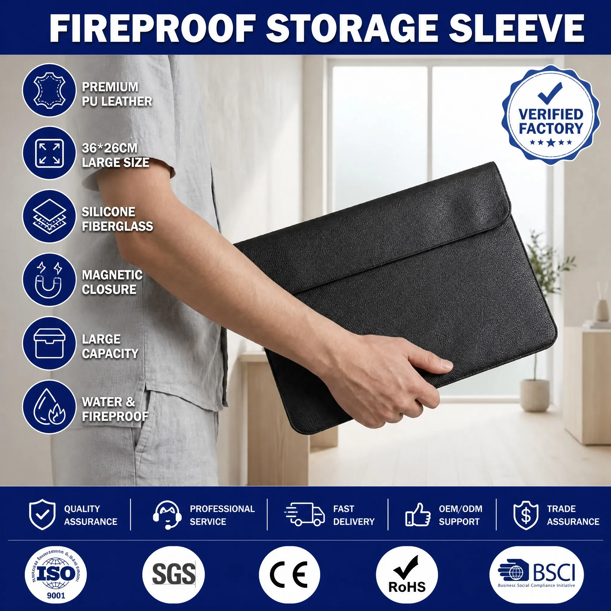 Black Litchi PU Leather Fireproof Document Organizer Bag Storage Pouch with Magnetic Buckle for Important Files Travel Office