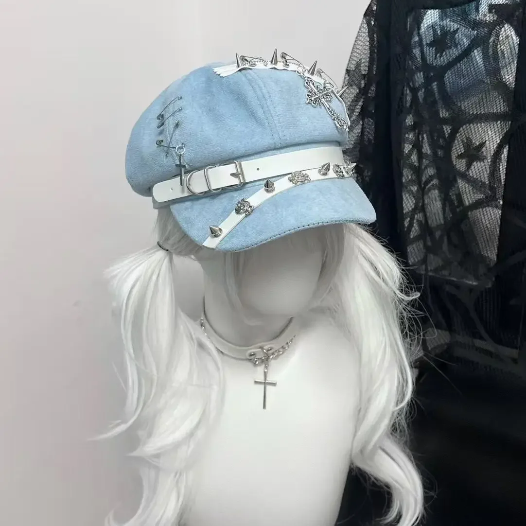 Versatile Metal Rivet Cross Inn Hat Beret Y2k Punk Subculture Unisex Painter Hat