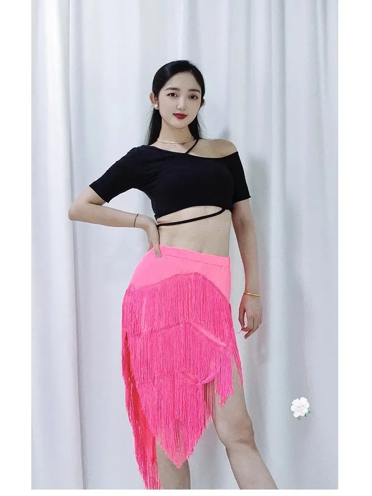 Inspiring Short sleeved Summer Practice Dress Latin Off Shoulder Design Slim Short Multi layer Tassel Skirt bellydance costume