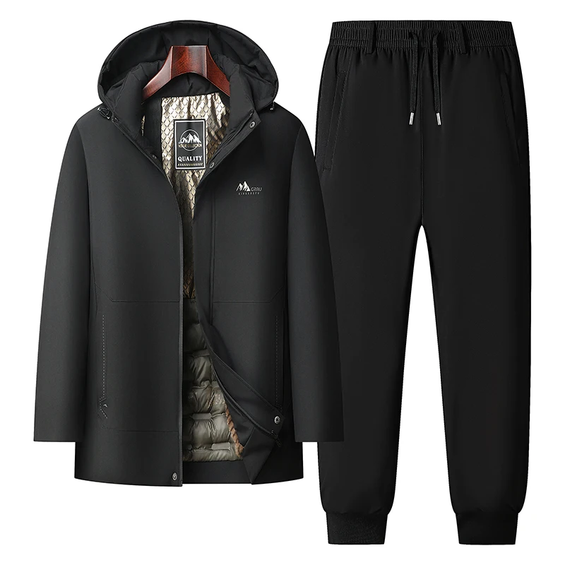 

Men's Hooded Cotton Jaet And Pants Two-Piece Set Warmth Winter Parka Anti-Wind Casual Wear Middle-Aged Dad Sle Coat