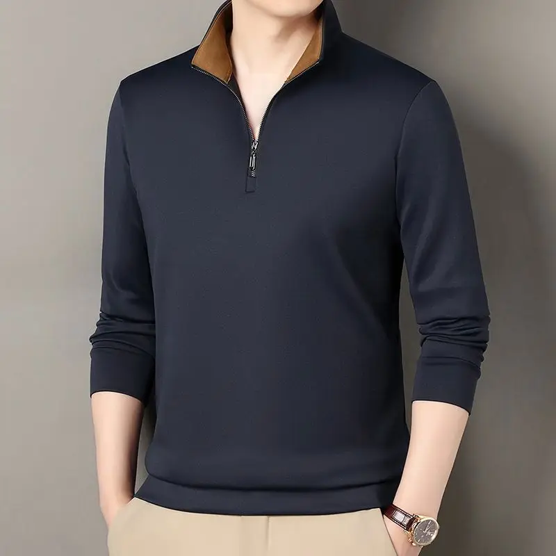 Men Half Zip Stand Collar Long Sleeve T Shirt Spring Autumn Loose Plus Size Solid Color Casual Base Layer Sweatshirt For Dad