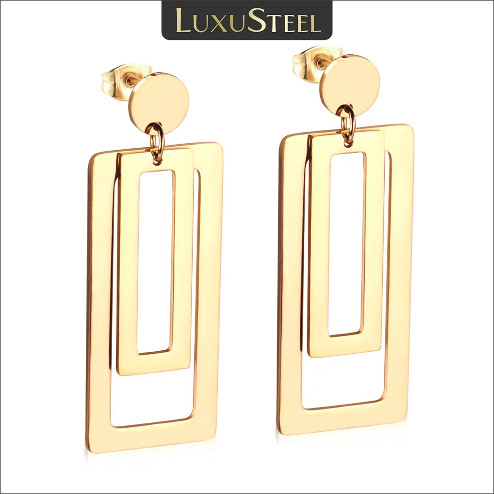 LUXUSTEEL Big Double Rectangle Long Drop Earrings For Women Stainless Steel Studs Earring Punk Female Party Statement Jewelry