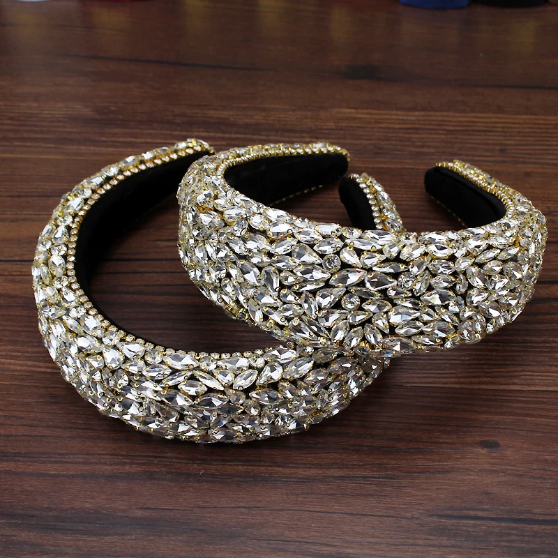 Gorgeous Luxury Hair Accessories Full Clear Crystal Sponge Hairbands Baroque Padded Rhinestones Headbands For Women Wedding