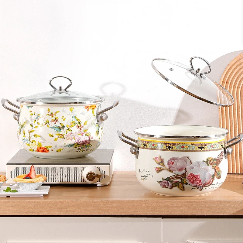 

Vintage Floral Enameled Non-Stick Cookware Enamel Double Ears Stock Pot Seafood Pot with Glass Lid for Home Cooking