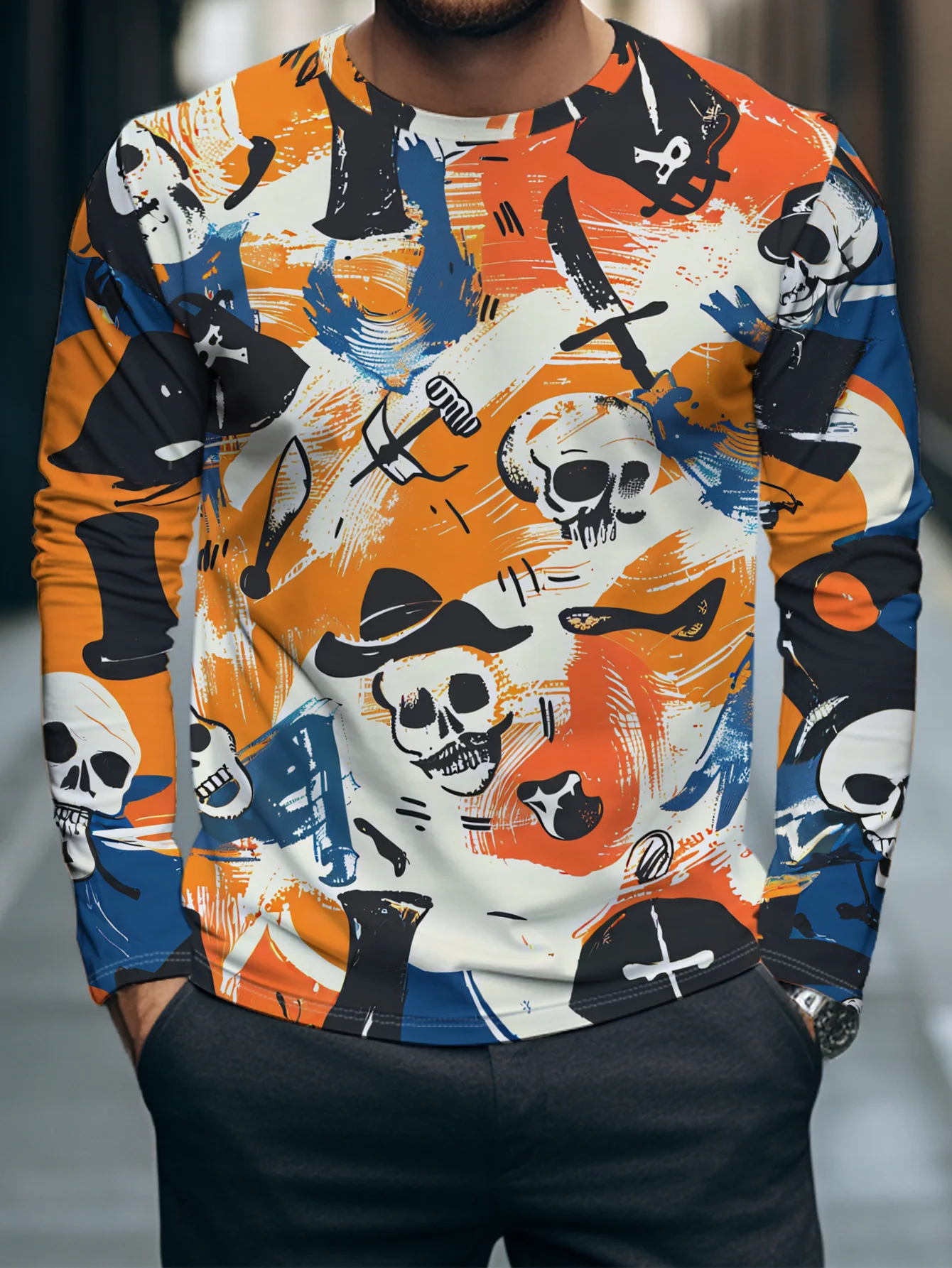 Men Long Sleeve T‑Shirt Graffiti Pirate Skull Hat Sword 3D Print Halloween Vintage Street Casual Top