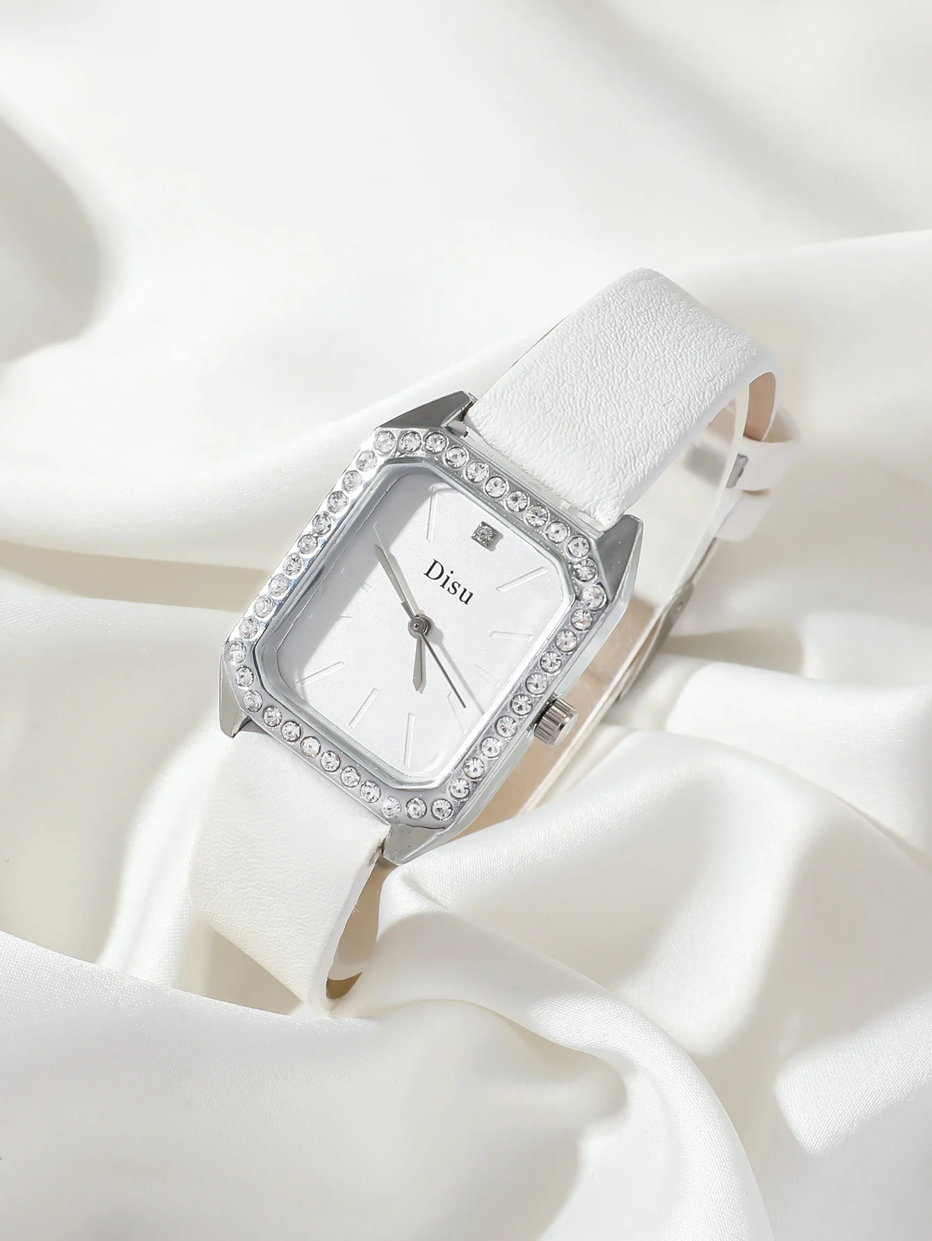 A White Woman Business Temperament Small Square Quartz Watch With Rhinestone. And A Two-Row Diamond Bracelet Set.