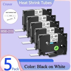 5PK Heat Shrink Tubes 5.8mm Compatible Brother Hse-211 Label Tape Black on White Cartridge Cassette For P-Touch Label Printers