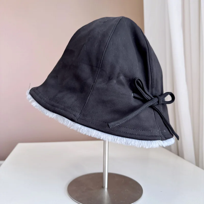 Bucket hat Women's autumn and winter wool thickened warm fisherman hat drawstring bow basin hat KJ20241064