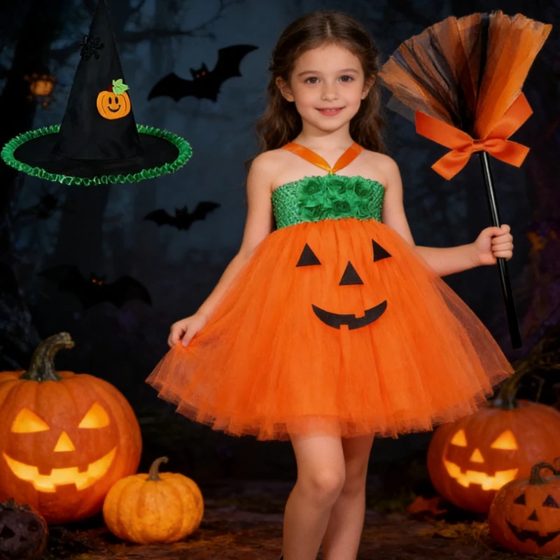 

Wizard Halloween Long Tutu Dress for Girls Carnival Party Cosplay Outfit with Magic Hat Broom for Kids Pumpkin Witch Costumes