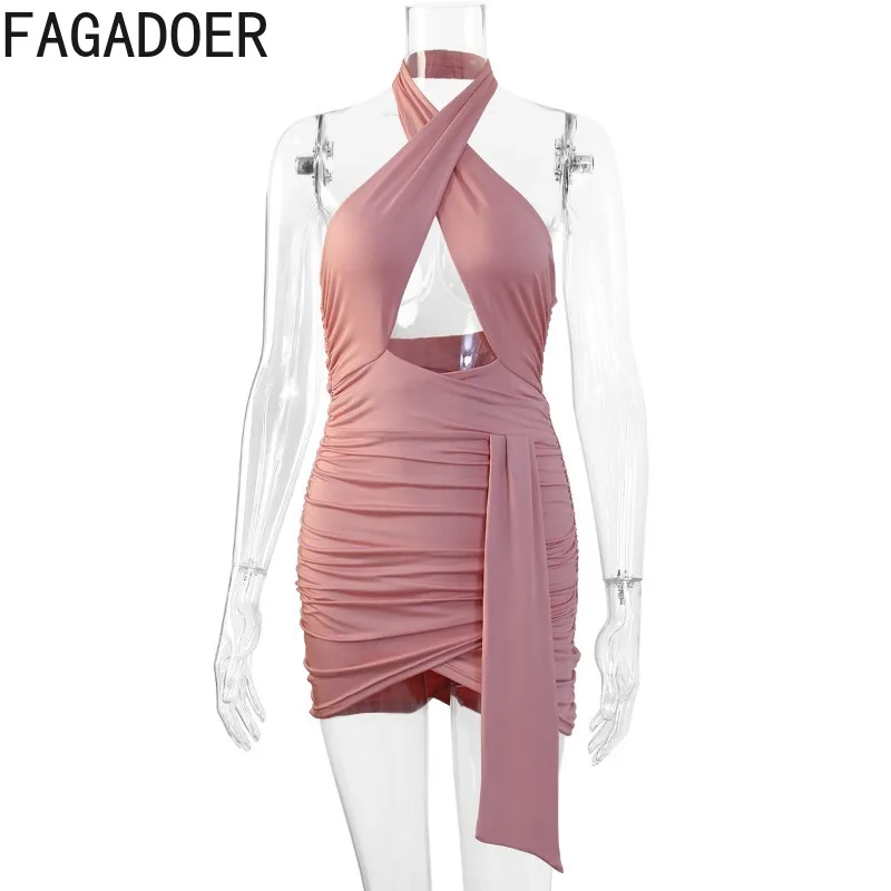 FAGADOER Sexy Hollow Ruched Patchwork Bodycon Mini Dresses Women Halter Sleeveless Backless Dress Female Streetwear Vestidos New