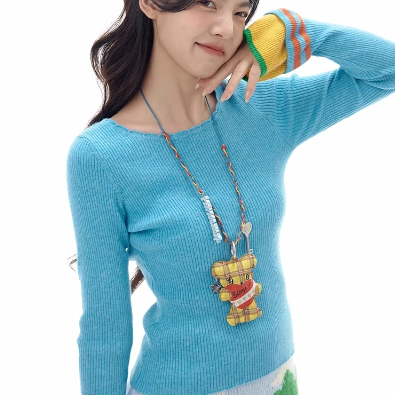 Outono inverno novo azul emenda listrado manga alargada renda camisola feminina design original retro lã malha pulôver senhoras