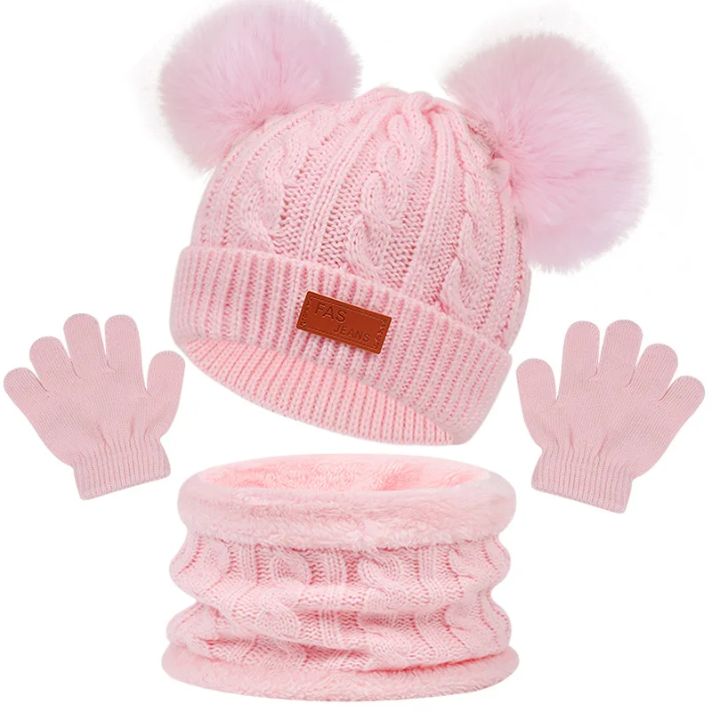 1-5Y Autumn Winter Children Baby Knit Gloves Hat Scarf 3pcs Suit Fur Balls Outdoor Windproof Warm Kids Muffler Cap for Boy Girl