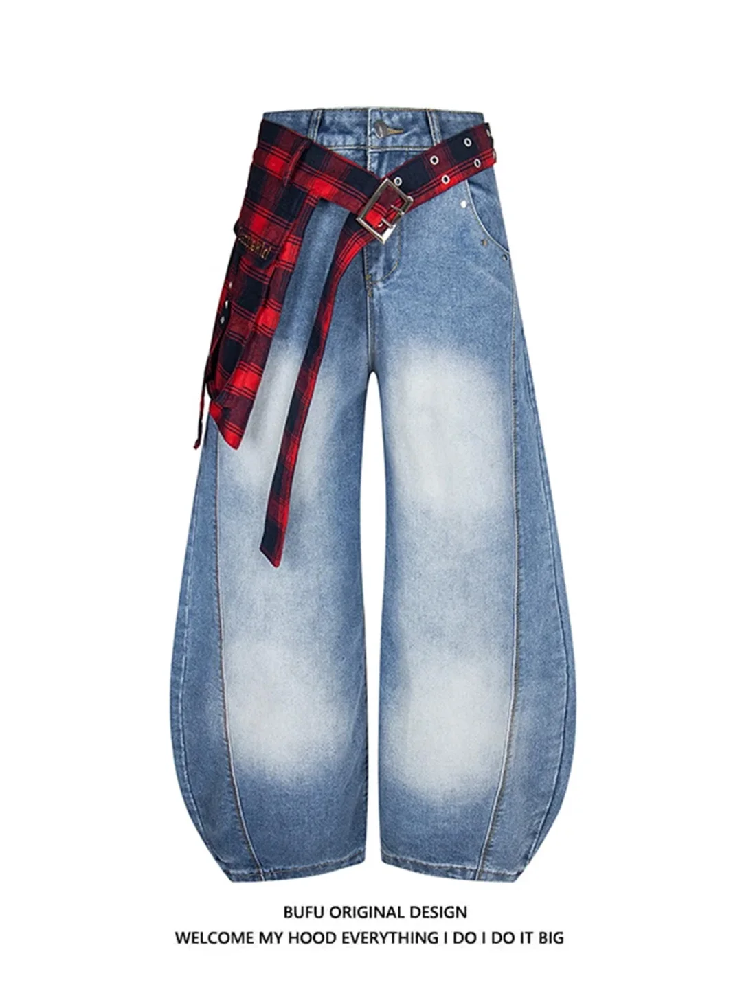 

Waed American High Street Plaid Deconstructed Splicing Men's Premium Straight Leg Knife Wide Leg Jeans Autumn Winter
