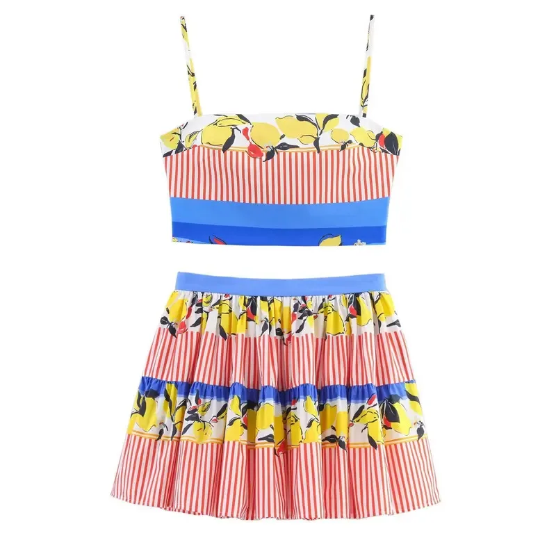 

Женский летний праздничный сексуальный костюм с принтом, креативный короткий топ-бретелька с граффити и плиссированная мини-юбка, пляжная одежда 2025