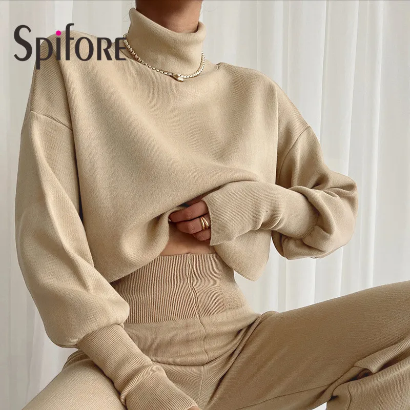 Spifore Knitted Turtleneck Woman Pullovers Long Sleeve Solid Loose Casual Fall Winter Fashion Sweaters INS Women Crop Top