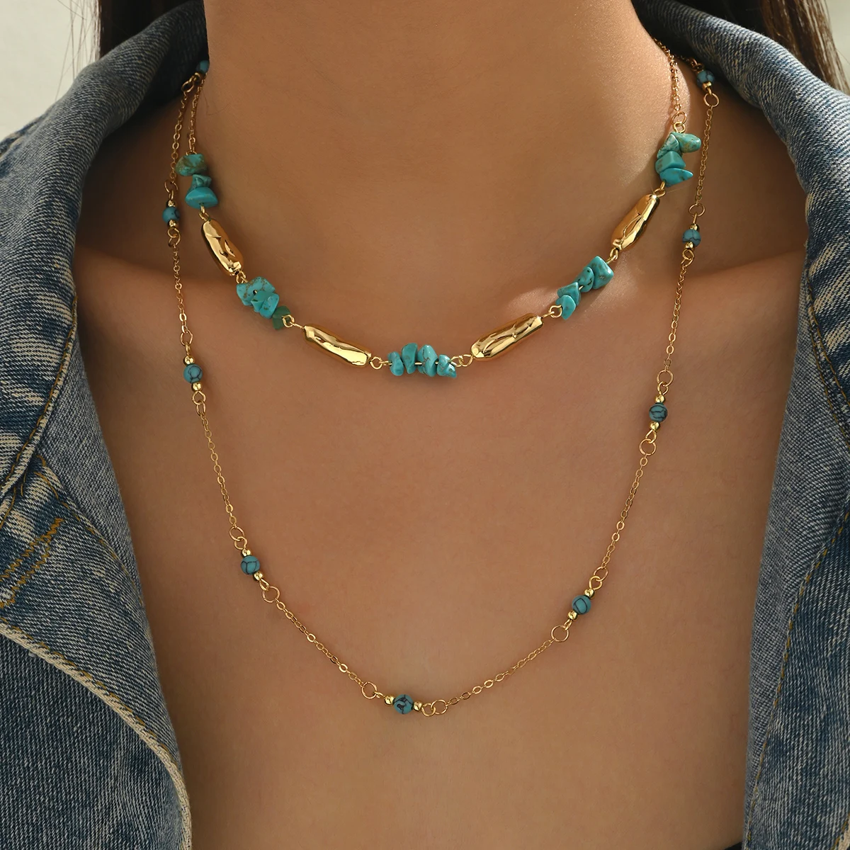 2-Piece Set of Vintage Bohemian Ethnic Style Irregular Imitation Turquoise Spliced Irregular Rectangular Seed Bead Double-Layer Stacked Necklace Set, Fashionable Sweater Chain, Thin Chain Clavicle Chain
