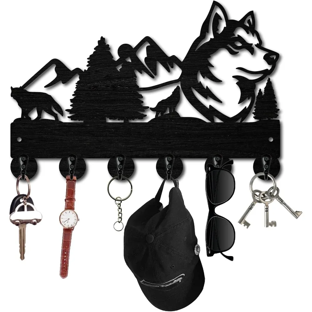 

1Set Black Wolf Key Holder Wall Mounted Hooks for Wall Wooden Forest Hangers with 6 Hooks Hanging Organizer Rack