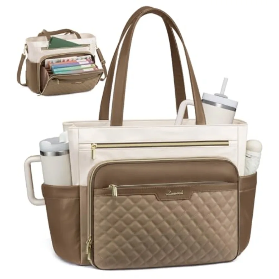 

LOVEVOOK Teacher Tote Bag with Accordion File Pocket, Soft PU Leather Work Briefcase Quilted Laptop Bag with Large Cup Holder