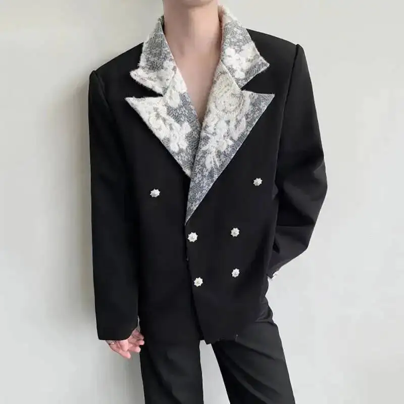 Niche Design Men's Jackets Lace Patchwork Contrast Color Double Breasted Casual Menswear Loose Male Suit Coats  9T9J9