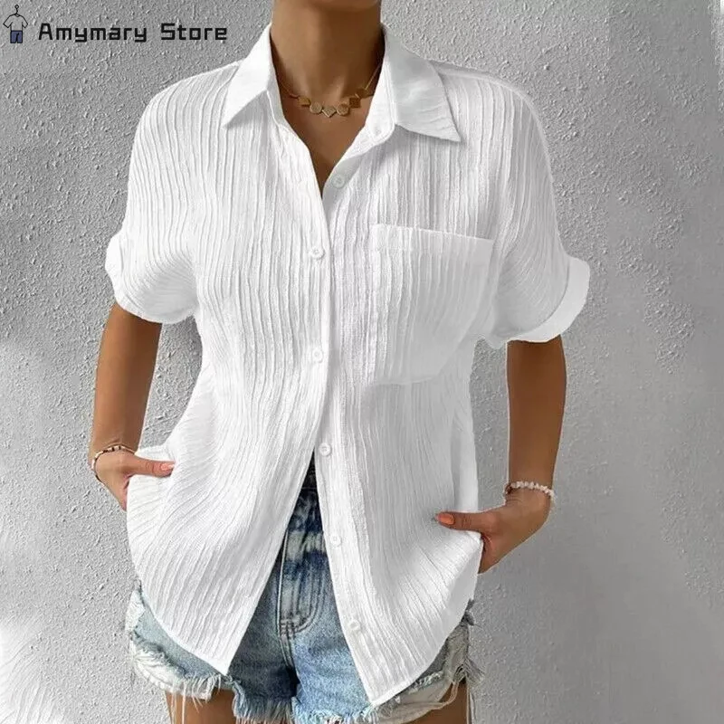 

2024 New Summer Women's Casual Shirt Lapel Button Short Sleeve Tunic Shirt Business Casual Work Shirt Office Femininity Top