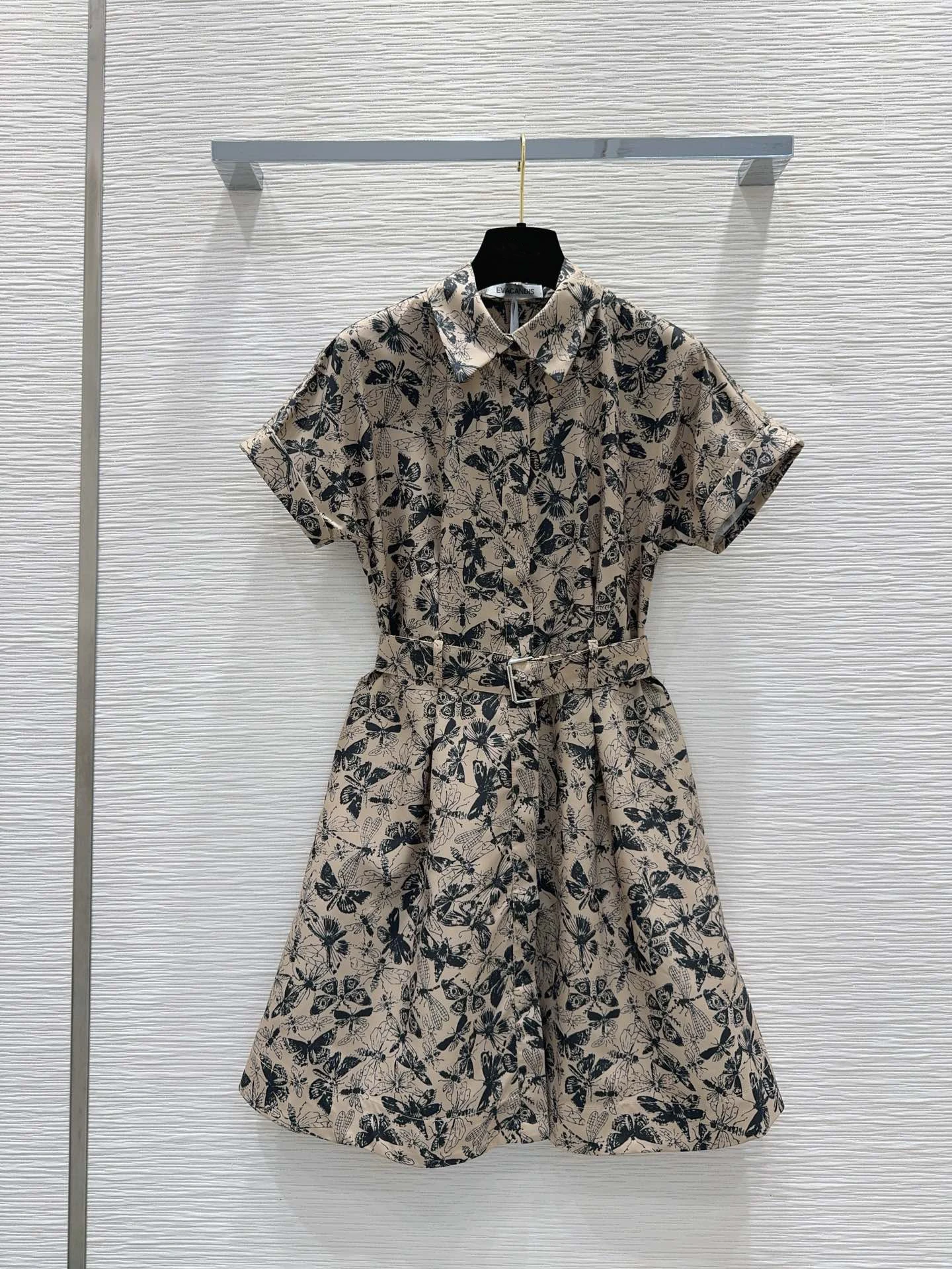 

EVACANDIS New Short Sleeve Printing Turn-down Collar Dress With Belt Spring Summer Women High Quality A-Line Sweet Chic Casual