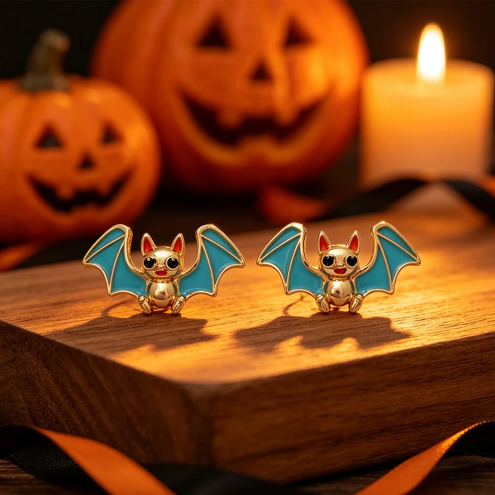 Halloween Cartoon Bat Oil-Drip Earrings, Blue-Winged Red-Ear Metal Ear Studs, Halloween Party Makeup Atmosphere Styling Accessories