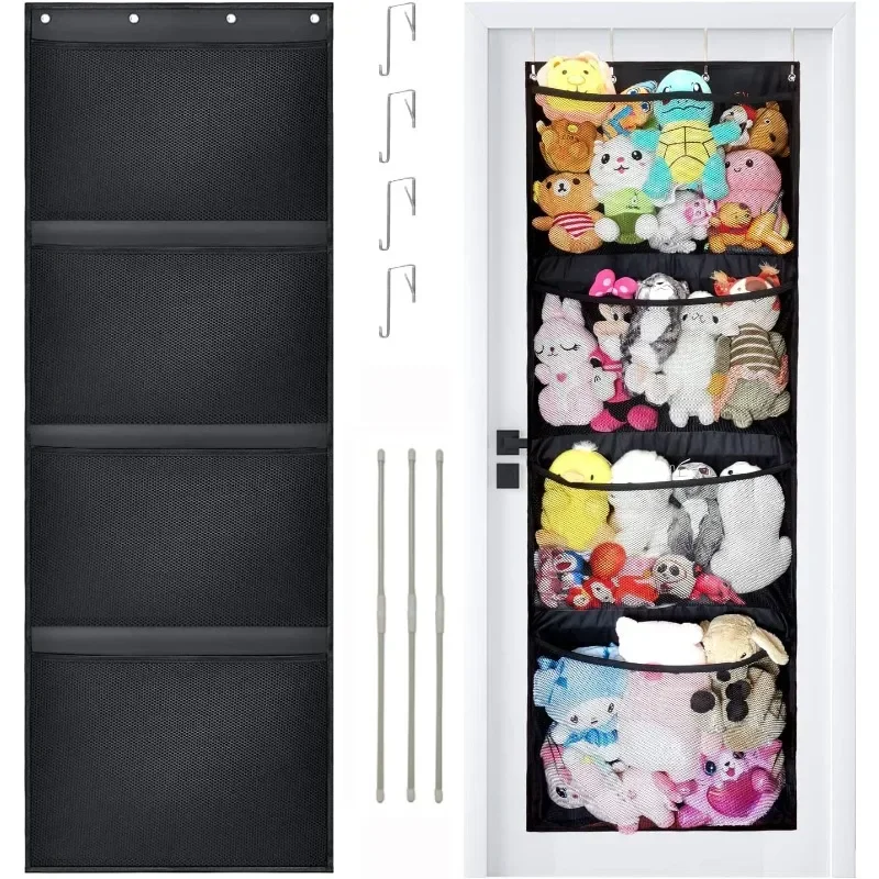 

New Stuffed Storage Bag Over The Door Stuff Animals Organizer Hanging Mesh Bags 4 Large Pockets for Baby Plush Toys Kids Storage