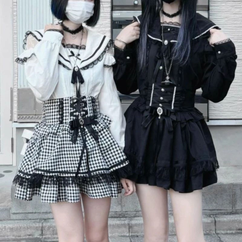 

Японская винтажная юбка в клетку в стиле субкультуры, женская, милая, элегантная, с высокой талией, с бантом, с завязками, А-силуэт, мини-юбка, в стиле Харадзюку, ретро-юбка