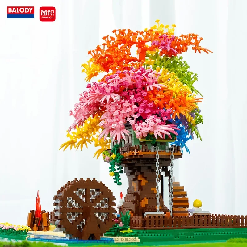Balody レインボーツリーハウスダイヤモンドビルディングブロック市ストリートビュー DIY 花の花アセンブリ 3D モデルミニレンガのおもちゃギフト用