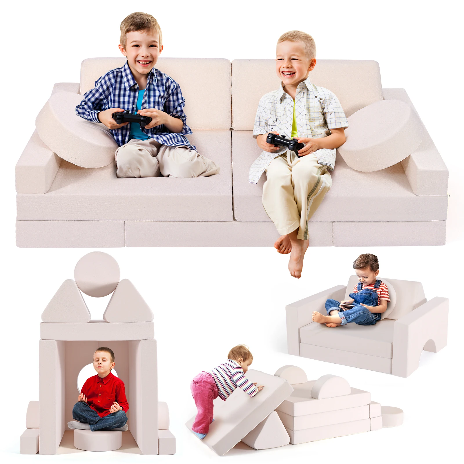 Image of Kinderspielsofa, 14-teiliges modulares Kinderspielsofa, beiges umwandelbares Schaumstoff-Kleinkindsofa-Bauset, kreative Kinderspielmöbel zum Klettern, Lesen und für fantasievolles Spielen, 14-teiliges