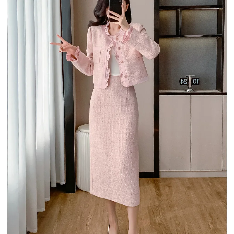 2-pcs pink tweed suit jacket+half length skirt 2024 new autumn and winter small fragrance style temperament set