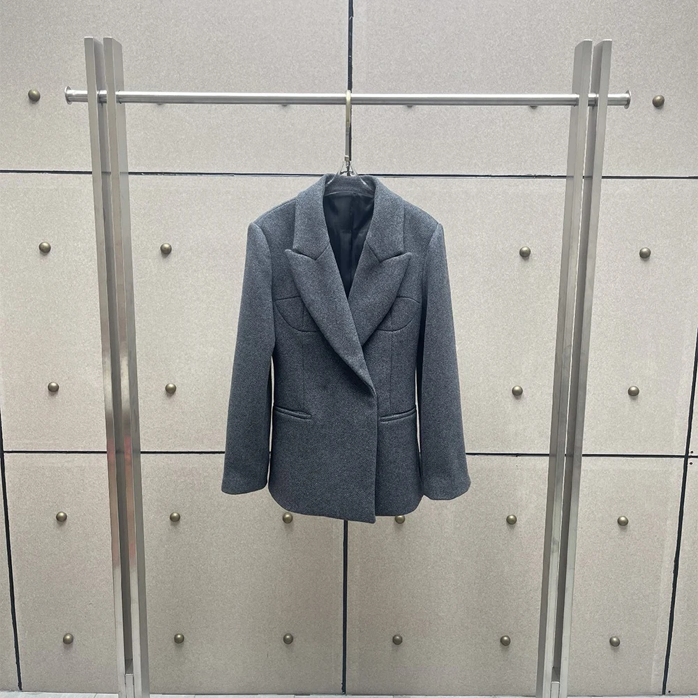 Elegant Women Wool Blend Suit Jacket Single Breasted Slim Fit Long Sleeve Gray Tweed Office Business Ladies Blazer Coat