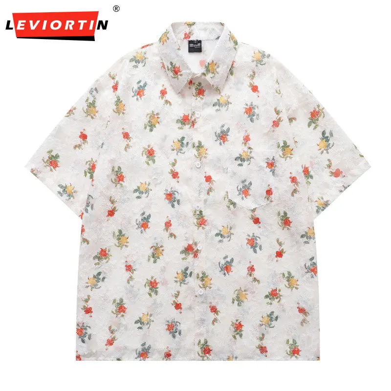 

Лето 2025 г., новый американский нишевый дизайн в стиле ретро с жаккардовым цветочным принтом, свободная повседневная простая рубашка с короткими рукавами и воротником для пар, универсальная