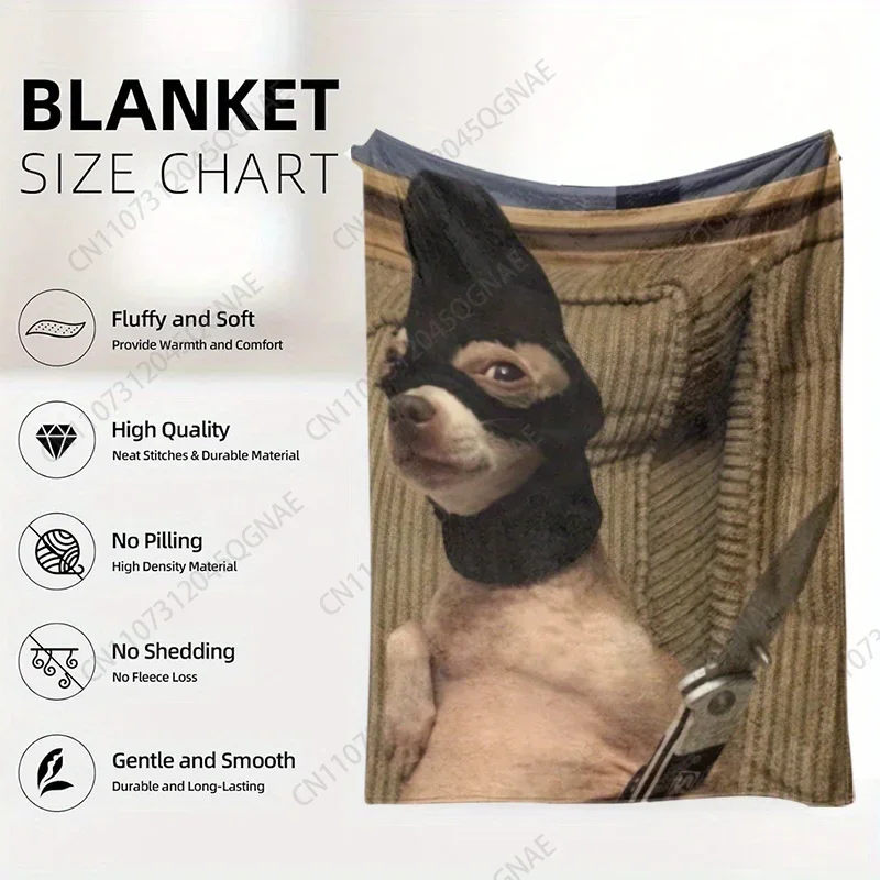 Custom Funny Dog With Knife & Balaclava Print Blanket - Soft Polyester Flannel Lightweight Throw For Couch, Bed, Travel - Retro