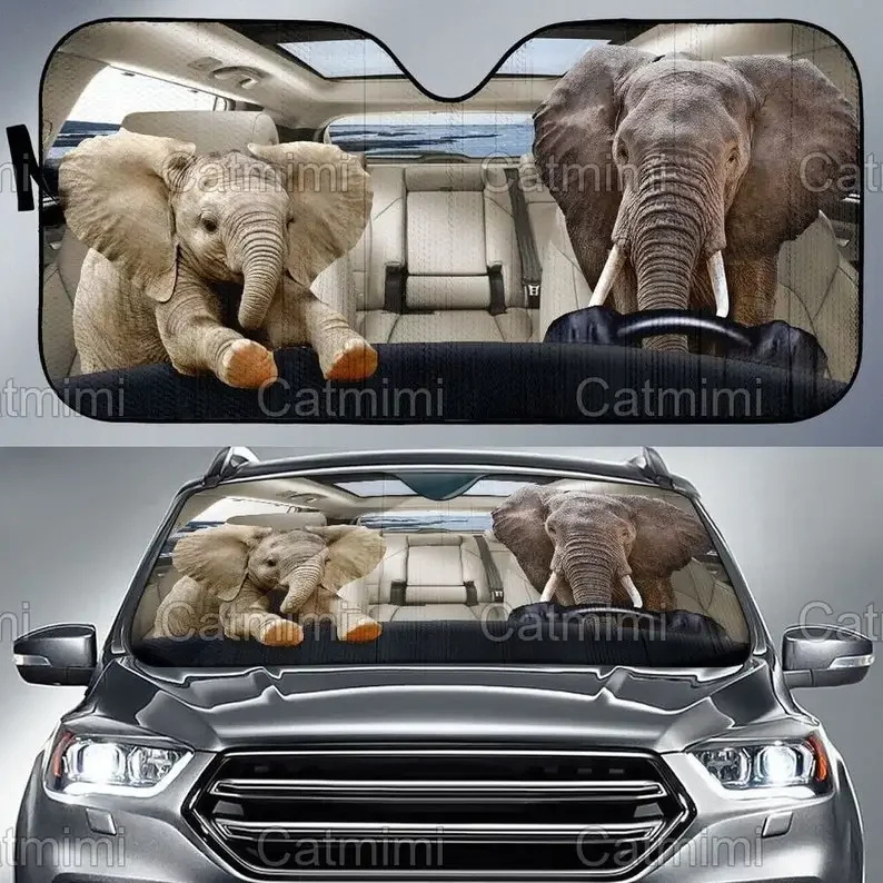 Elephant Driver Car Sun Shade, Elephant Sunshade, Elephant Auto Sun Shade, Car Sunshade Windshield, Mother Gift, Car Decoration