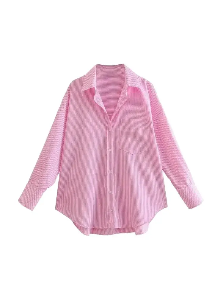 TRZA-Striped Loose Shirts With Pocket for Women, Long Sleeve, Button-up Blouses, Chic Tops, Female Fashion