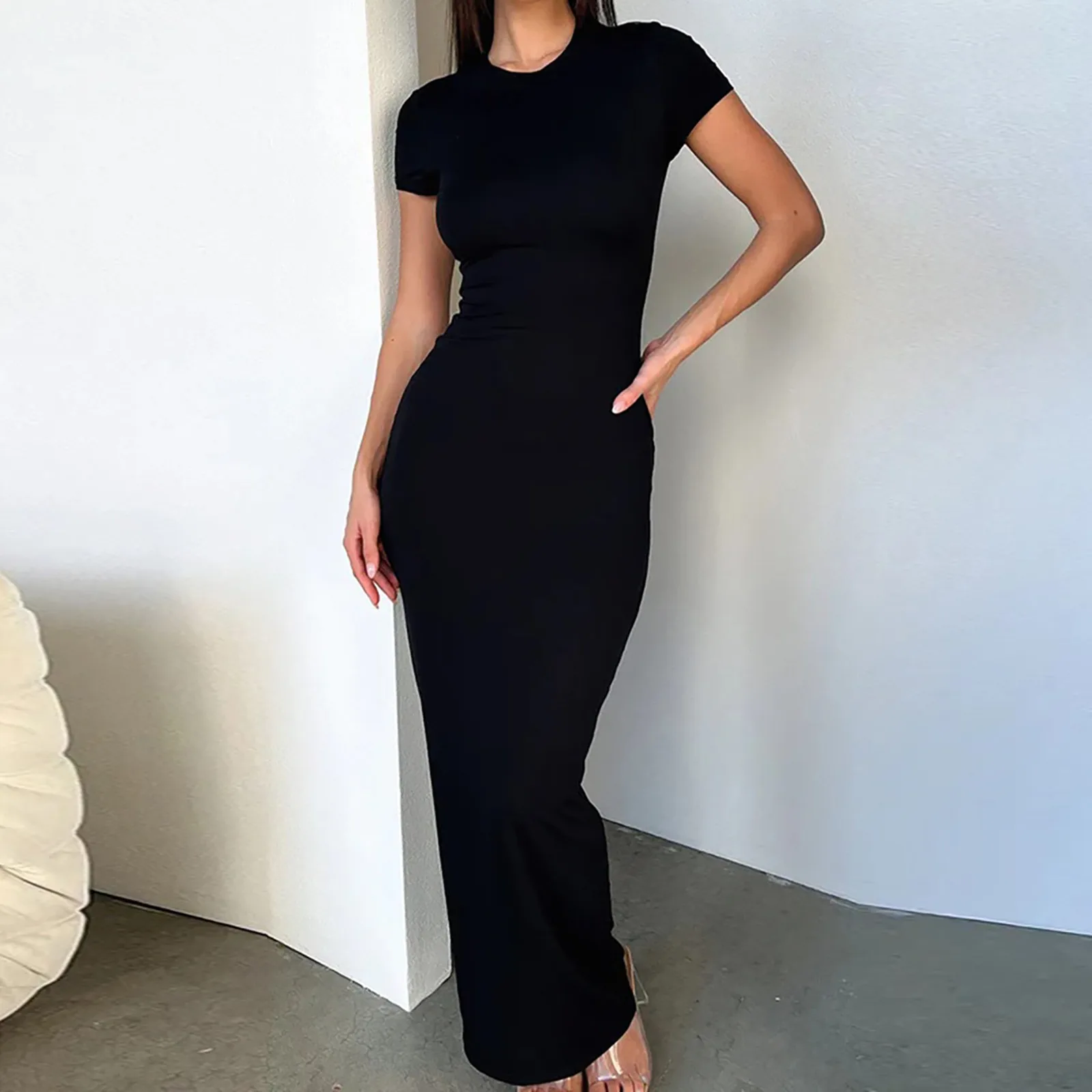 

Skinny Women's Maxi Dress Fashion Spring And Summer Solid Color Sexy Short Sleeve Bodycon Dress Temperament Female Casual Dress